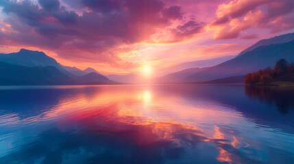 A calm highland lake at dusk, the sky painted in pink, purple, and gold hues by the last of the sun's rays
