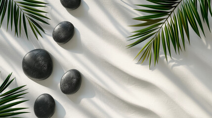 Spa Elegance: Luxury Setting with Black Stones and Palm Leaf