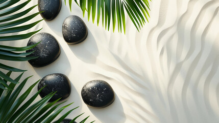 Obraz na płótnie Canvas Serenity Sands: Natural Black Stones and Palm Leaf Top View