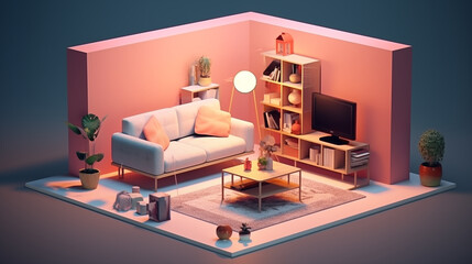 A cube cutout of an isometric living room 3D rendered.