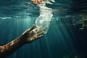 Hand of a person collecting plastic from the sea. Concept of environmental pollution, volunteers, sustainable living, etc.