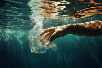 Hand of a person collecting plastic from the sea. Concept of environmental pollution, volunteers, sustainable living, etc.