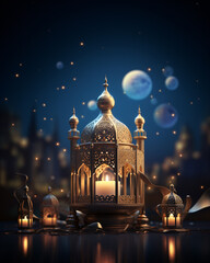 Obraz premium 3D illustration of Ramadan Kareem with beautiful Islamic Background. Generative AI