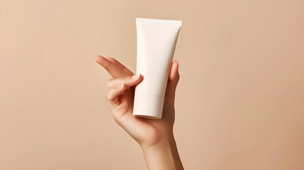 woman hand is holding a white mockup tube of facial cream on a beige isolated background