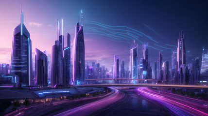 Futuristic Cityscape Illuminated: Interconnected Buildings with Luminous Data Lines, Illustrating an Intelligent Infrastructure Powered by AI Technology