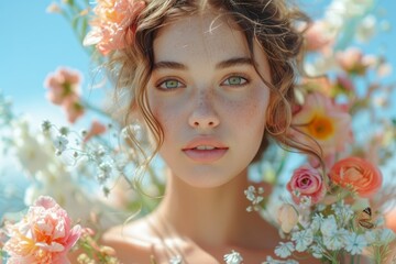 Fototapeta premium Portrait of a Woman Adorned with Floral Crown. 