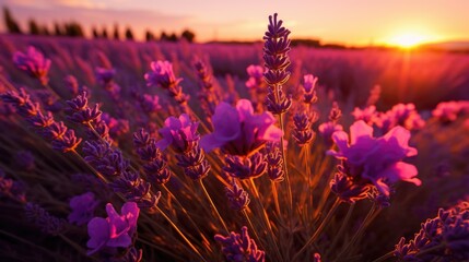 Violet lavender flowers blooming. Closeup shot at golden hour sunset. AI Generated 