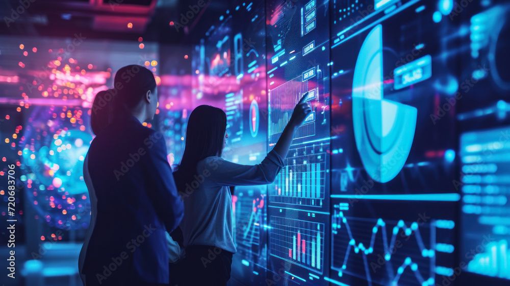 Wall mural portrait of people, digital entrepreneurs working on digital screen, line of code. a software develo