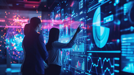 Portrait of people, digital entrepreneurs working on digital screen, line of code. A software developer works on innovative technologies using large amounts of data. Technology concept, modernity.