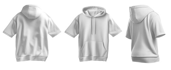 Set of white front back side view tee short sleeve hoodie hoody sweatshirt on transparent background cutout, PNG file. Mockup template for artwork graphic design	
