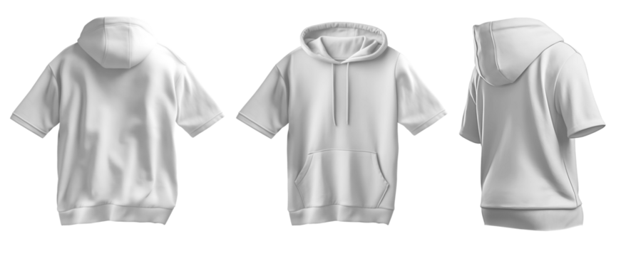 Set of white front back side view tee short sleeve hoodie hoody sweatshirt on transparent background cutout, PNG file. Mockup template for artwork graphic design	
