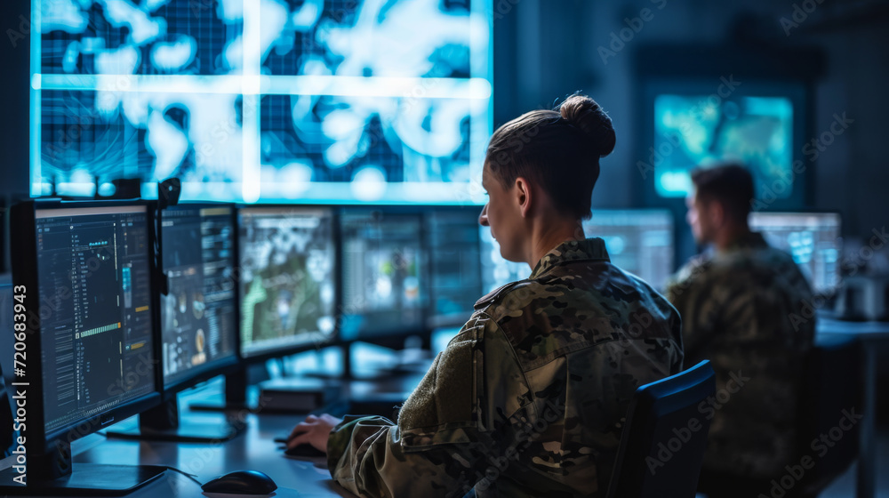 Wall mural military personnel is focused on monitoring multiple computer screens in a high-tech surveillance ro