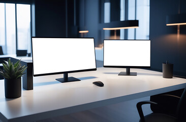 Two desktop computers, screens mockups, monitors mock ups on wood table in office