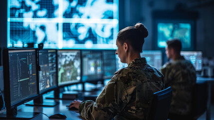 military personnel is focused on monitoring multiple computer screens in a high-tech surveillance room with global maps and data on the screens - obrazy, fototapety, plakaty