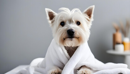 Dog wrapped in towel