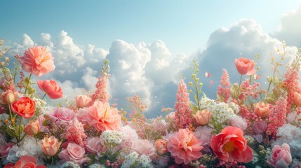 Fototapeta na wymiar Lush garden of vibrant flowers on white clouds background.