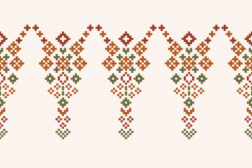 Fototapeta premium Ethnic geometric fabric pattern Cross Stitch.Ikat embroidery Ethnic oriental Pixel pattern brown cream background. Abstract,vector,illustration. Texture,clothing,frame,motifs,silk wallpaper.