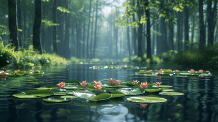 A tranquil forest pond surrounded by towering trees and vibrant green foliage, with lily pads...