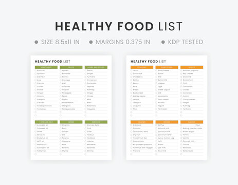 Healthy Eating Food Grocery List Printable Coloring Health Benefits Food Guide Vector Letter Size KDP Interior Template