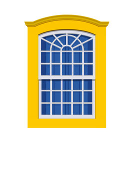 Paraty, Brazil. yellow and blue colored window of an old house from the colonial period in the historic center. EPS vector realistic illustration.