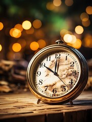 Antique alarm clock with an elegant design sits against a blurred backdrop of warm bokeh lights