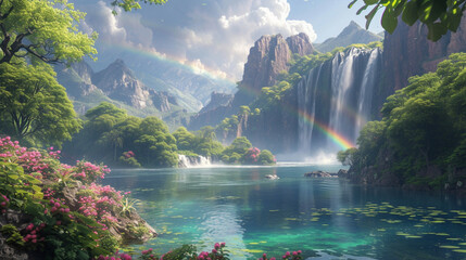 A tranquil lagoon surrounded by towering cliffs and lush vegetation, with a rainbow arching across the sky and a waterfall cascading into the water.  - obrazy, fototapety, plakaty