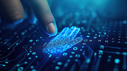 Digital banking. Cybersecurity. Data protection. Close-up of a man scanning his fingerprint for biometric identity and approval. Future security concept, password control through fingerprints.