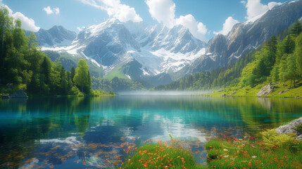 Fototapeta na wymiar A tranquil lake nestled in the heart of a verdant valley, reflecting the vibrant colors of the surrounding forest and snow-capped peaks.