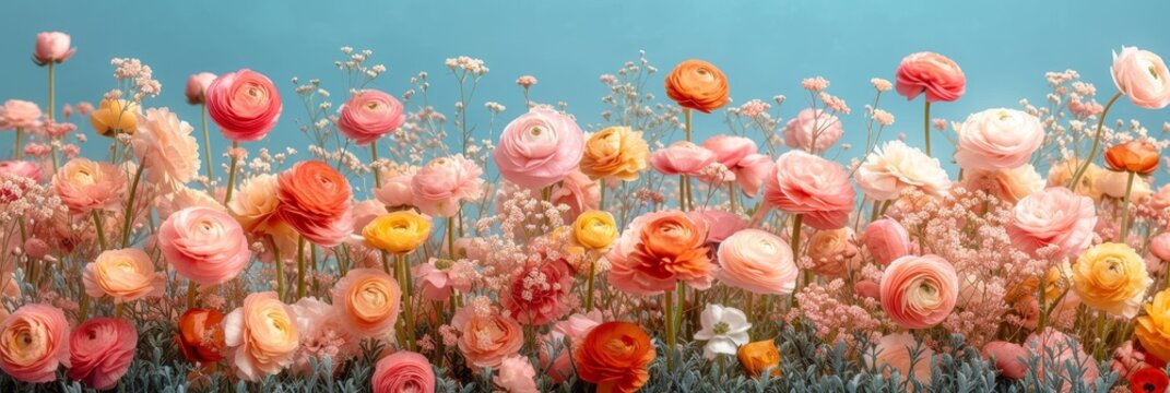 A group of colorful ranunculus  flowers blossoming in the grass under the suns rays.p