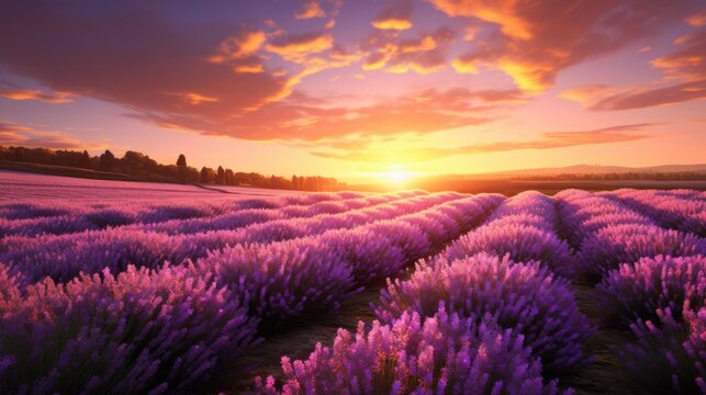Lavender flower field in bloom at sunset. Golden hour. AI Generated 