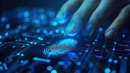 Digital banking. Cybersecurity. Data protection. Close-up of a man scanning his fingerprint for biometric identity and approval. Future security concept, password control through fingerprints. - obrazy, fototapety, plakaty