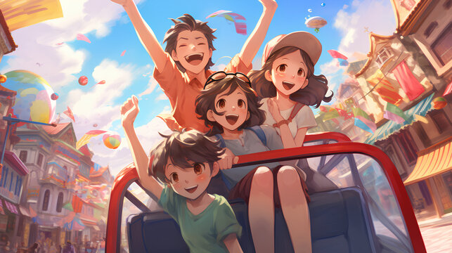 Anime Style Illustration: Young People Joyfully Riding in Open Car on Summer Vacation, Expressing Excitement and Happiness with Wind in Hair, Speed, and Adventure