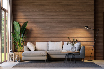 Modern contemporary loft style wooden living room empty plank wall 3d render, There are concrete floors,  decorated with brown fabric sofa and potted plants,  large window overlooking nature view