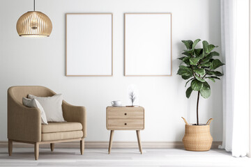 Empty picture frame made of wood Hang on the wall of the living room 3d render, near the window with white curtains. Decorated with a brown armchair, a modern wooden cabinet and potted plants - obrazy, fototapety, plakaty