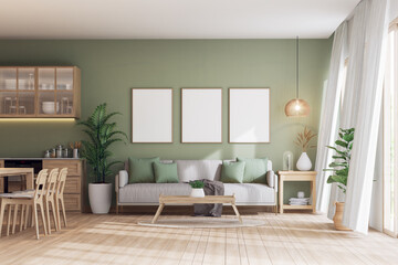 Modern contemporary cozy green wall living and dining room 3d render , The rooms have wooden floors decorated with potted plants large window nature light in to the room