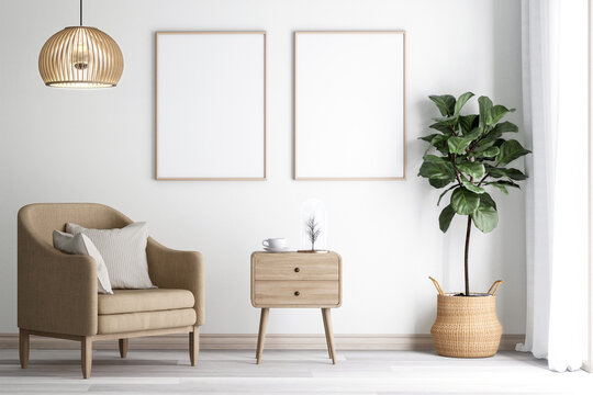 Empty picture frame made of wood Hang on the wall of the living room 3d render, near the window with white curtains. Decorated with a brown armchair, a modern wooden cabinet and potted plants