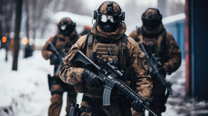 armed forces in winter training - obrazy, fototapety, plakaty