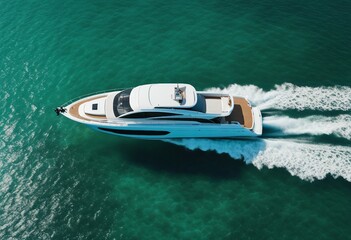 Aerial view of luxury motor boat Speed boat on the azure sea in turquoise blue water birdseye aerial