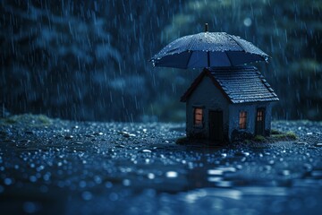 Miniature House Under Umbrella in Rain - obrazy, fototapety, plakaty
