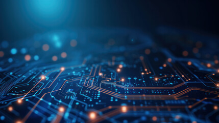 Close-up of a chip on a printed circuit board, microprocessor. Printed diagram. Location of tracks. Technology concept.