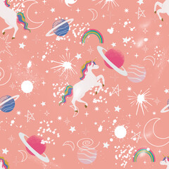 Cute Seamless pattern with space elements. Cartoon style wallpaper with colorful cosmic stars. Childrens background with hand-drawn constellation.