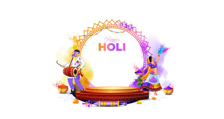 Holi festival celebration background with podium stage and product display stand design. Indian traditional festival color splash, fun, dance and music party background.