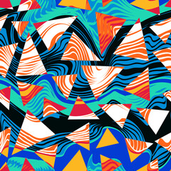 Colourful triangles with wavy lines. Seamless pattern.
