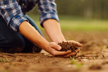 Male hands touching soil on the field. Expert hand of farmer checking soil health before growth a seed of vegetable or plant seedling. Concept of agriculture, business and ecology.