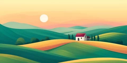 Schilderijen op glas illustration of beautiful fields landscape with a dawn, green hills, bright color blue sky, background in flat cartoon style © Jasper W
