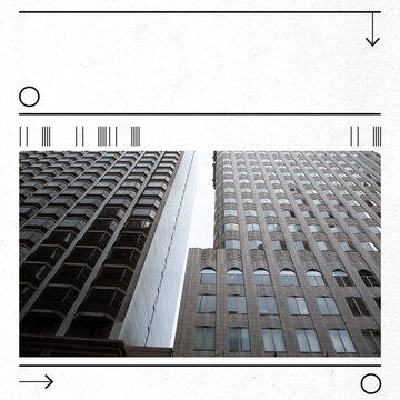 Squared image of skyscrapers with geometric accents, urban architecture. Architectural firm website header capturing urban design and structure. Real estate brochure with premium office spaces.