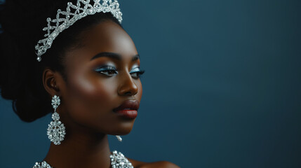 Beautiful black skin bride wearing tiara, earrings, necklace isolated on dark navy background with copy space.