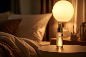 Skinvestment. Sleek bottle of night repair serum on a bedside table, convey a serene nighttime skincare routine