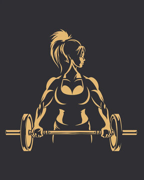 Woman athlete with a barbell. Powerlifting female logo