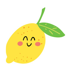 Cute hand drawn lemon  smiling. Kawaii funny fruit character for kids